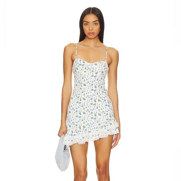NWT More To Come Olivia Mini Dress in Blue Floral slip summer Revolve XXS - Picture 1 of 9